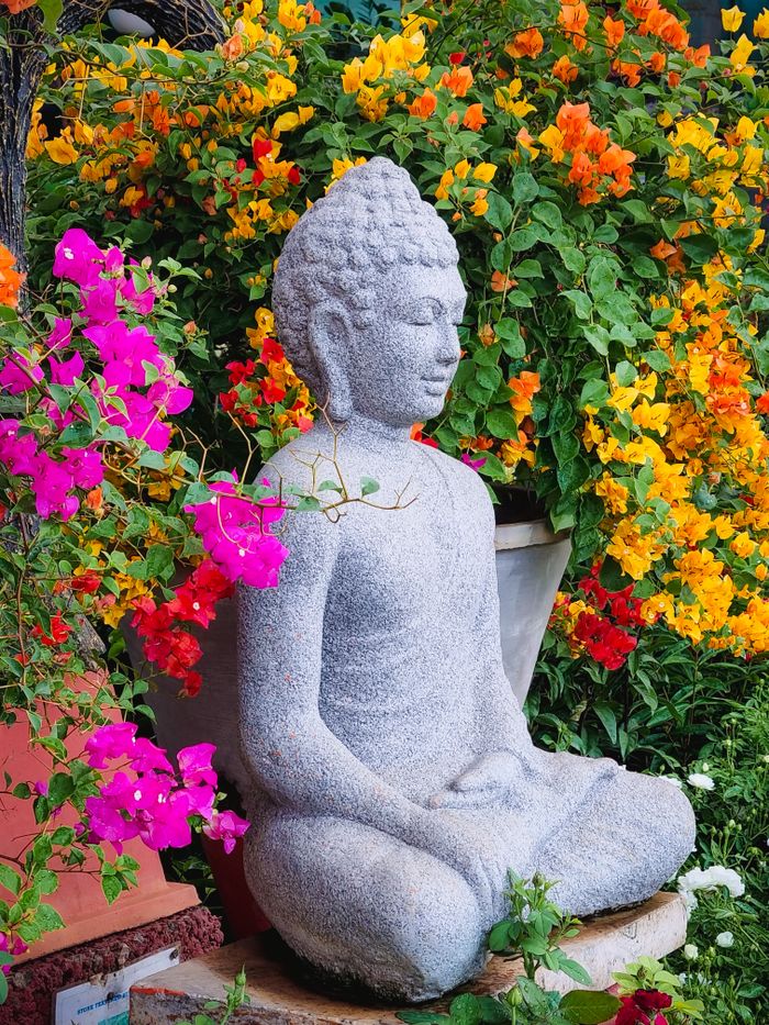 Serene Buddha statue surrounded by colorful flowers in a lush outdoor garden setting.