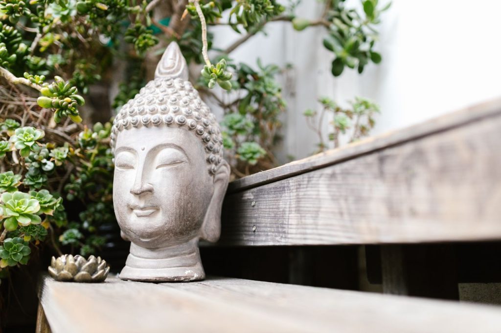Serene Buddha head sculpture surrounded by lush greenery, perfect for creating a zen atmosphere.
